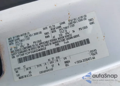 2016 Ford F-150 Xl from USA, damaged, VIN 1FTMF1CP1GKD40822